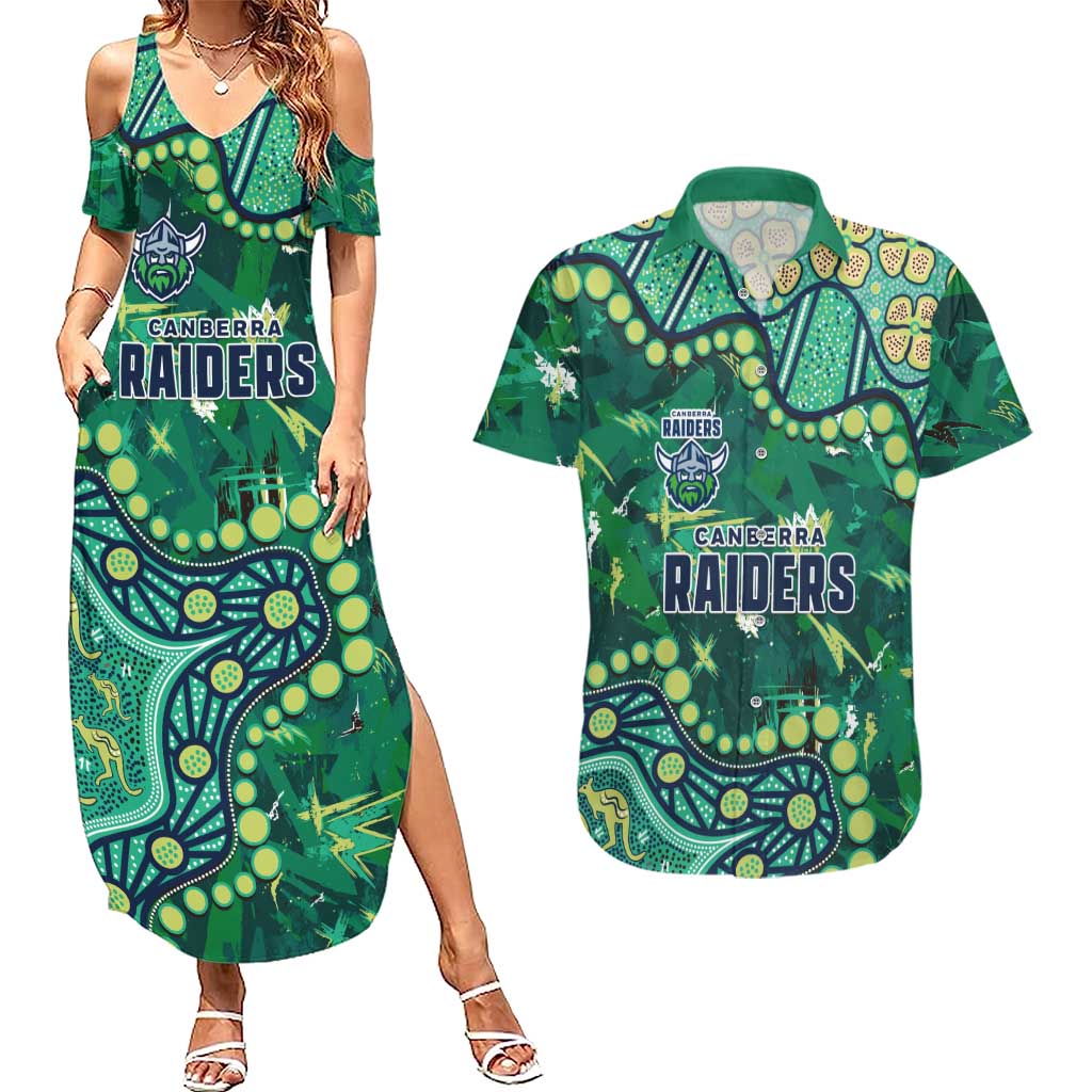 Personalized Canberra Raiders Couples Matching Summer Maxi Dress and Hawaiian Shirt Aboriginal Pattern with Graffiti Style Design