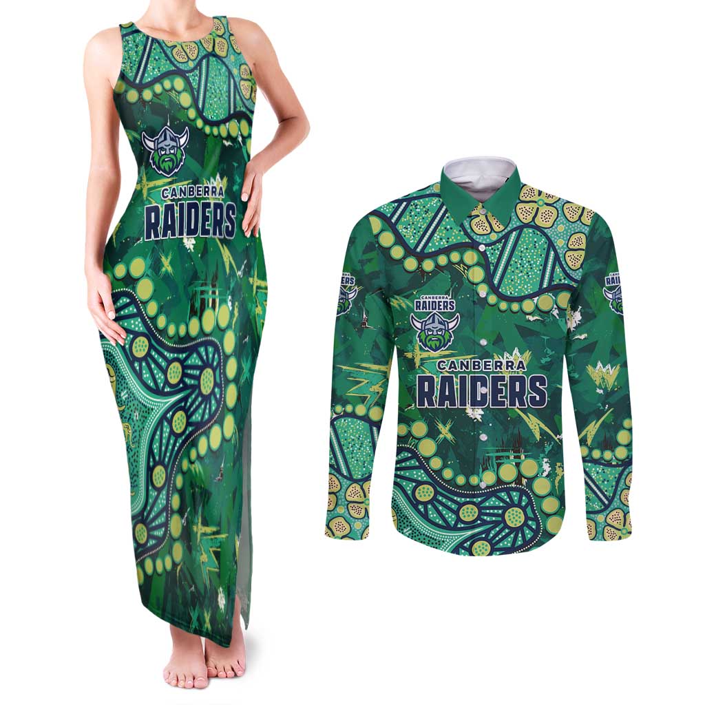Personalized Canberra Raiders Couples Matching Tank Maxi Dress and Long Sleeve Button Shirt Aboriginal Pattern with Graffiti Style Design