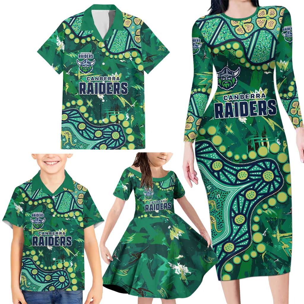 Personalized Canberra Raiders Family Matching Long Sleeve Bodycon Dress and Hawaiian Shirt Aboriginal Pattern with Graffiti Style Design