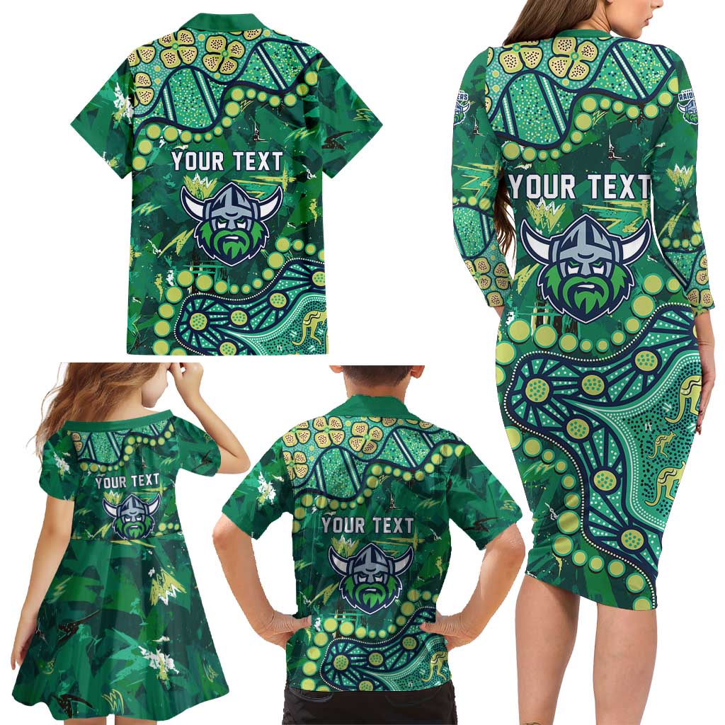 Personalized Canberra Raiders Family Matching Long Sleeve Bodycon Dress and Hawaiian Shirt Aboriginal Pattern with Graffiti Style Design