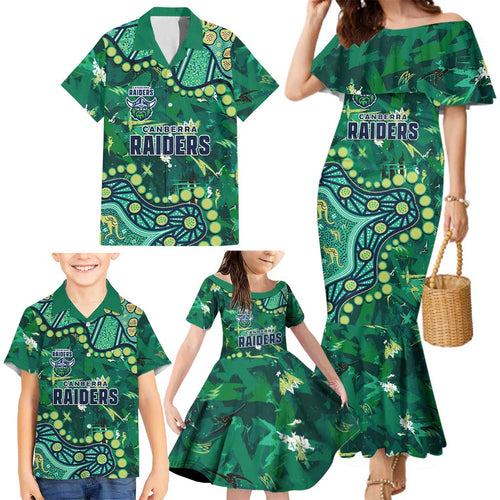 Personalized Canberra Raiders Family Matching Mermaid Dress and Hawaiian Shirt Aboriginal Pattern with Graffiti Style Design