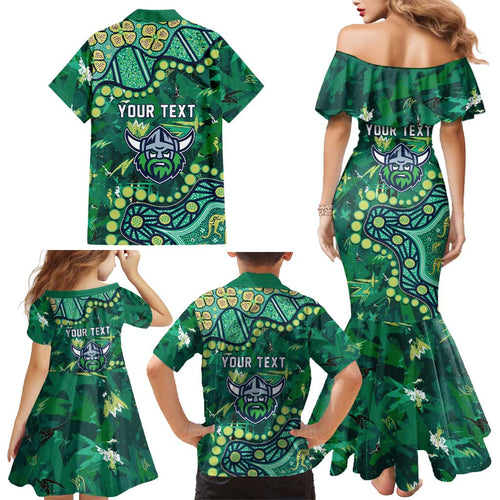 Personalized Canberra Raiders Family Matching Mermaid Dress and Hawaiian Shirt Aboriginal Pattern with Graffiti Style Design