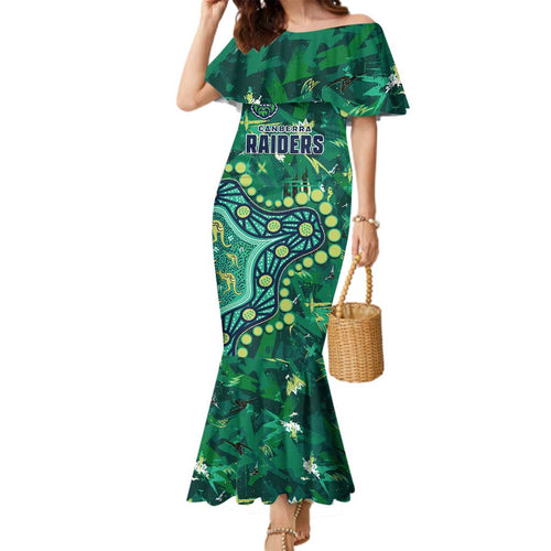 Personalized Canberra Raiders Family Matching Mermaid Dress and Hawaiian Shirt Aboriginal Pattern with Graffiti Style Design