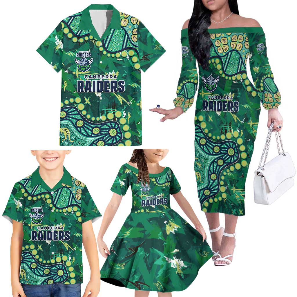 Personalized Canberra Raiders Family Matching Off The Shoulder Long Sleeve Dress and Hawaiian Shirt Aboriginal Pattern with Graffiti Style Design