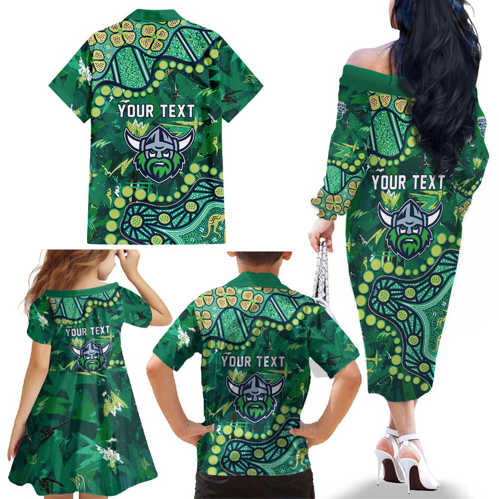 Personalized Canberra Raiders Family Matching Off The Shoulder Long Sleeve Dress and Hawaiian Shirt Aboriginal Pattern with Graffiti Style Design