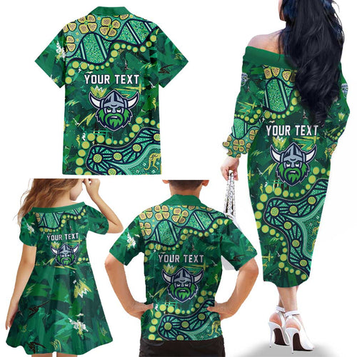Personalized Canberra Raiders Family Matching Off The Shoulder Long Sleeve Dress and Hawaiian Shirt Aboriginal Pattern with Graffiti Style Design