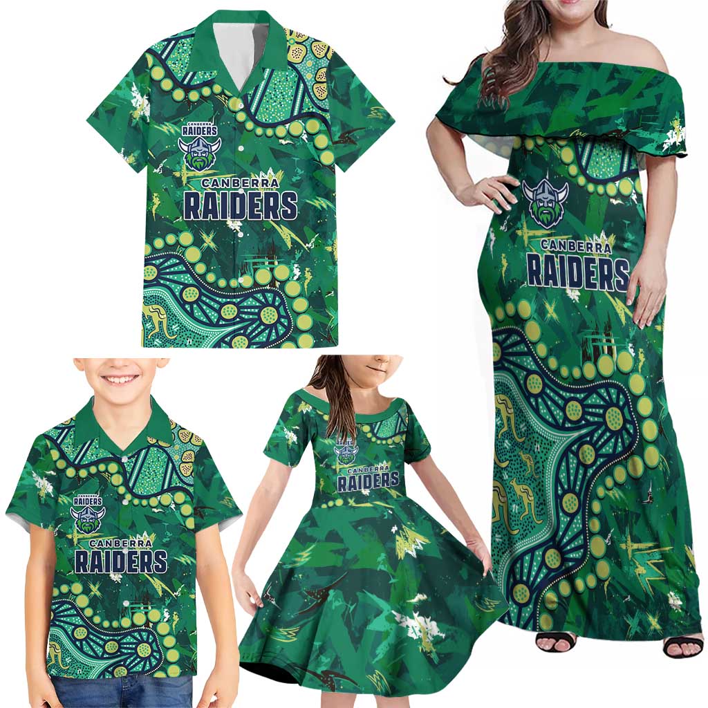 Personalized Canberra Raiders Family Matching Off Shoulder Maxi Dress and Hawaiian Shirt Aboriginal Pattern with Graffiti Style Design