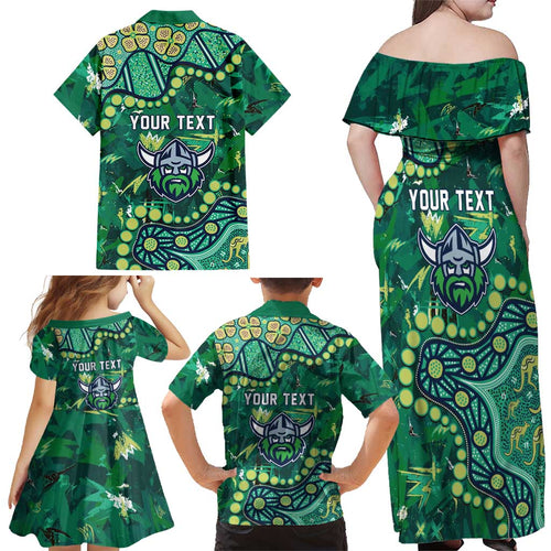 Personalized Canberra Raiders Family Matching Off Shoulder Maxi Dress and Hawaiian Shirt Aboriginal Pattern with Graffiti Style Design