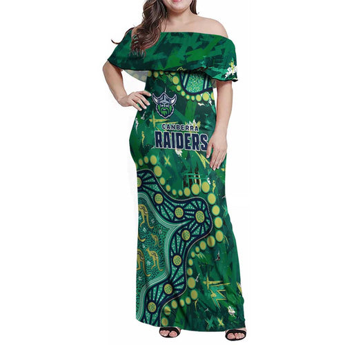 Personalized Canberra Raiders Family Matching Off Shoulder Maxi Dress and Hawaiian Shirt Aboriginal Pattern with Graffiti Style Design