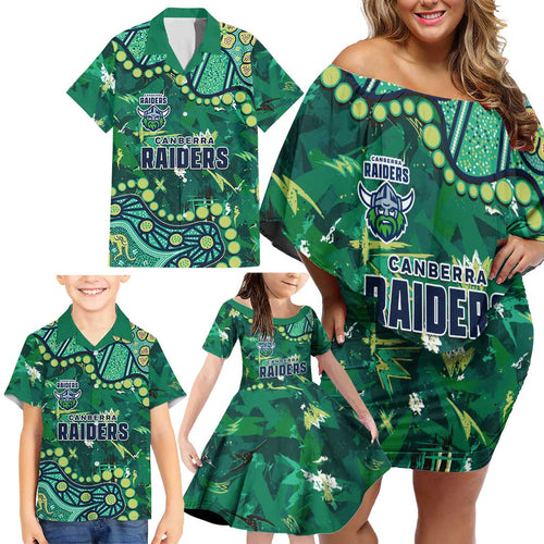 Personalized Canberra Raiders Family Matching Off Shoulder Short Dress and Hawaiian Shirt Aboriginal Pattern with Graffiti Style Design