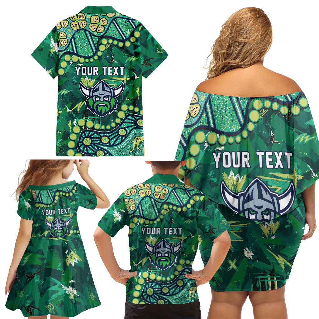Personalized Canberra Raiders Family Matching Off Shoulder Short Dress and Hawaiian Shirt Aboriginal Pattern with Graffiti Style Design