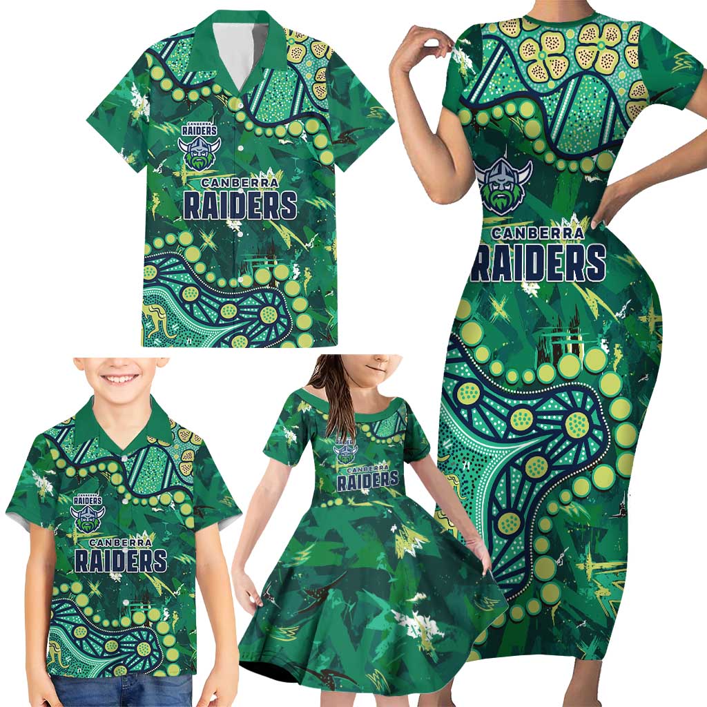 Personalized Canberra Raiders Family Matching Short Sleeve Bodycon Dress and Hawaiian Shirt Aboriginal Pattern with Graffiti Style Design