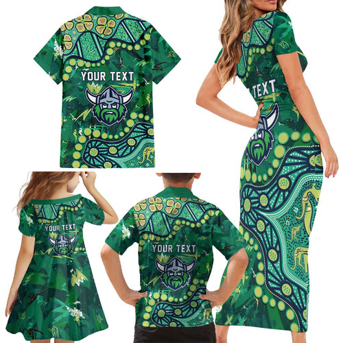 Personalized Canberra Raiders Family Matching Short Sleeve Bodycon Dress and Hawaiian Shirt Aboriginal Pattern with Graffiti Style Design
