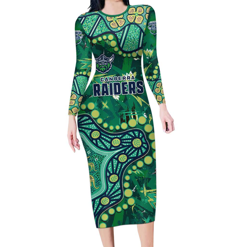 Personalized Canberra Raiders Long Sleeve Bodycon Dress Aboriginal Pattern with Graffiti Style Design