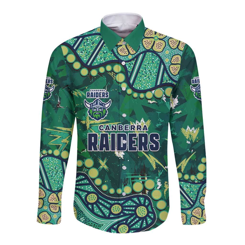Personalized Canberra Raiders Long Sleeve Button Shirt Aboriginal Pattern with Graffiti Style Design