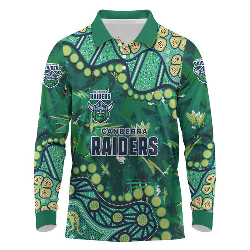 Personalized Canberra Raiders Long Sleeve Polo Shirt Aboriginal Pattern with Graffiti Style Design