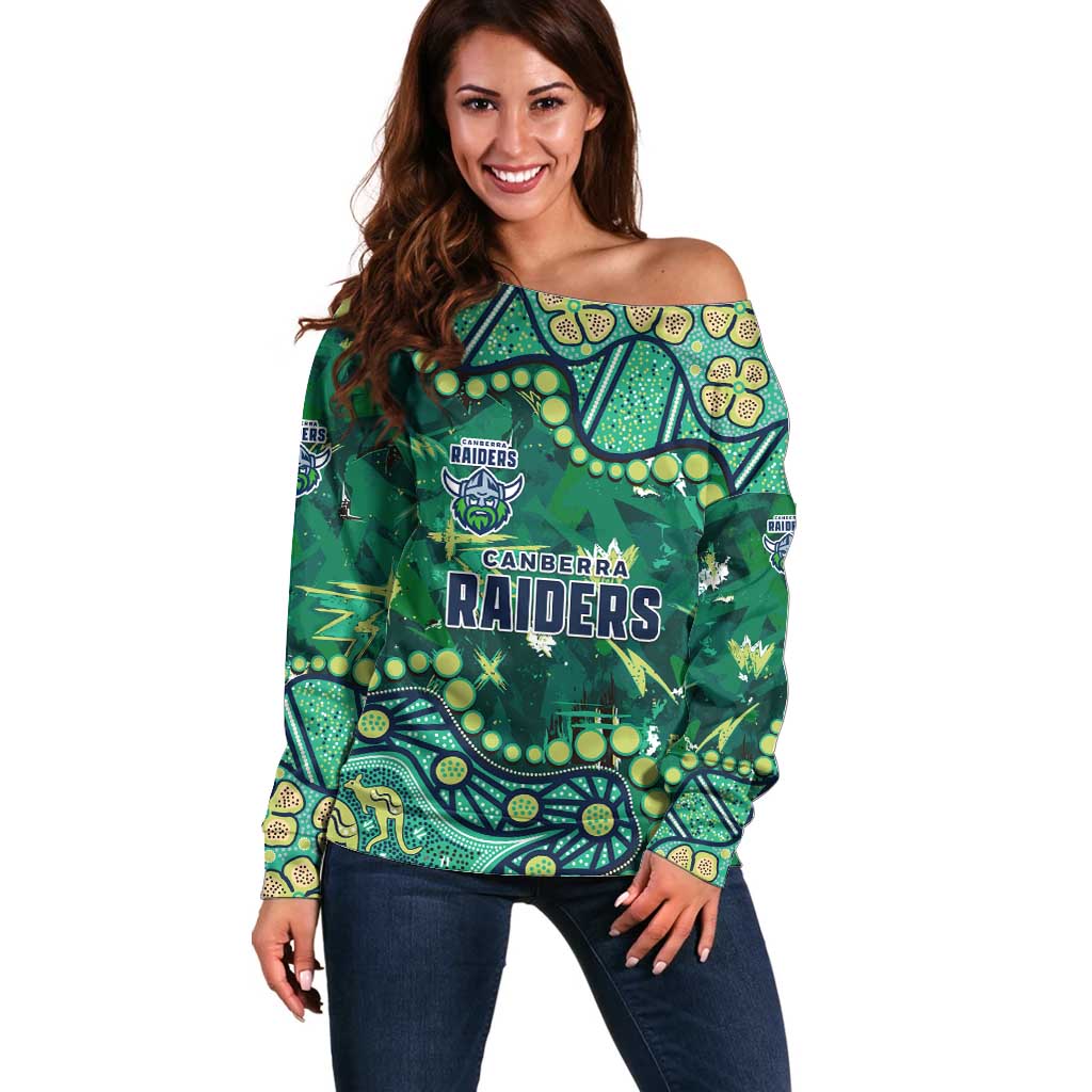 Personalized Canberra Raiders Off Shoulder Sweater Aboriginal Pattern with Graffiti Style Design