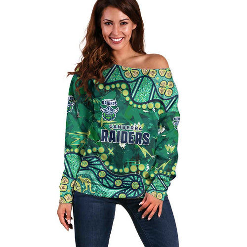 Personalized Canberra Raiders Off Shoulder Sweater Aboriginal Pattern with Graffiti Style Design