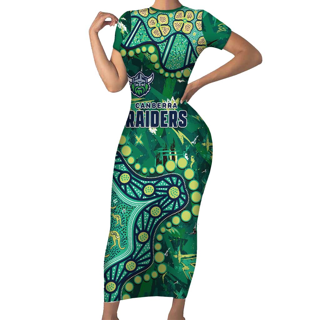 Personalized Canberra Raiders Short Sleeve Bodycon Dress Aboriginal Pattern with Graffiti Style Design