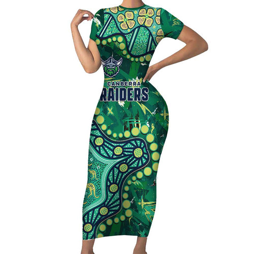 Personalized Canberra Raiders Short Sleeve Bodycon Dress Aboriginal Pattern with Graffiti Style Design