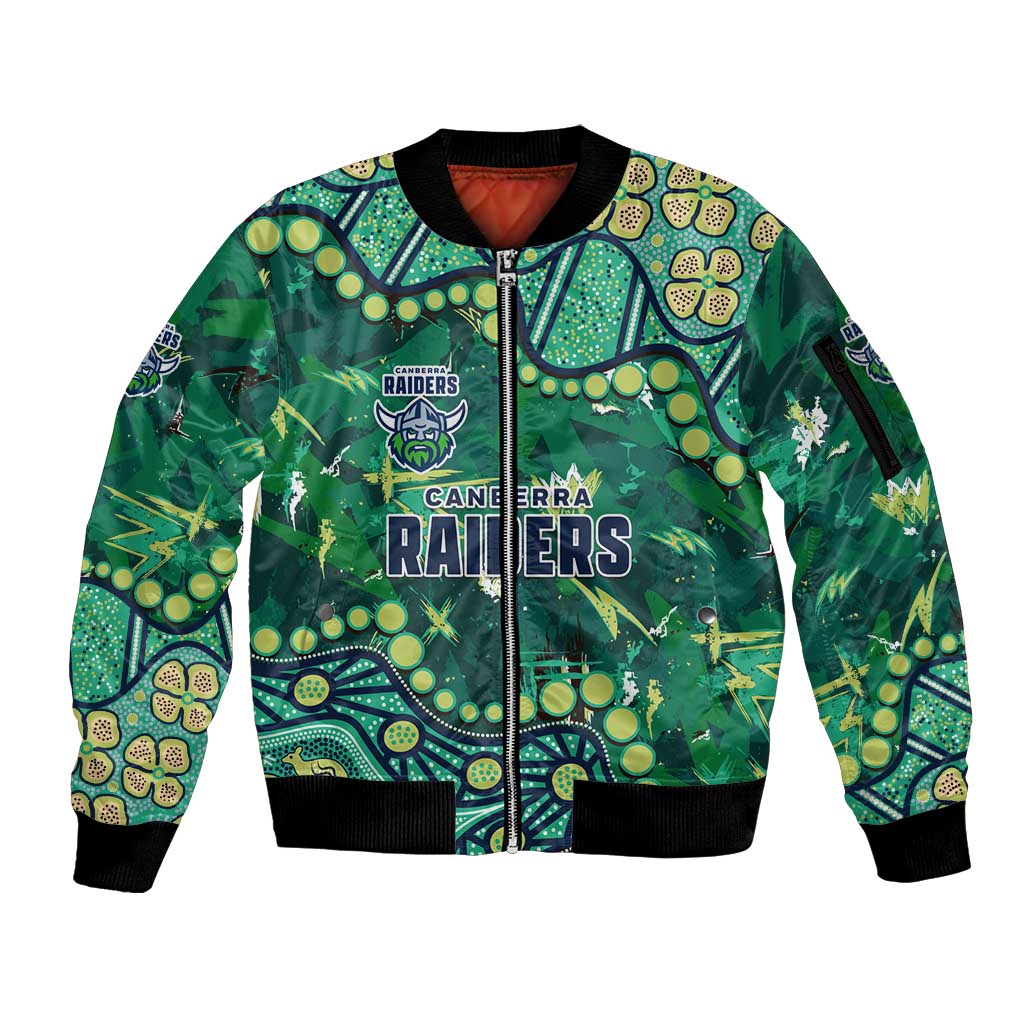 Personalized Canberra Raiders Sleeve Zip Bomber Jacket Aboriginal Pattern with Graffiti Style Design
