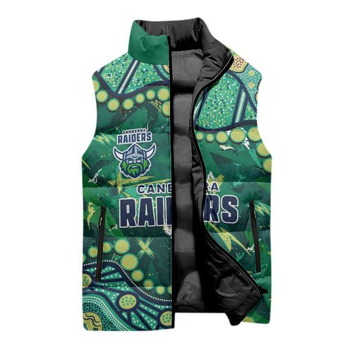 Personalized Canberra Raiders Sleeveless Puffer Jacket Aboriginal Pattern with Graffiti Style Design