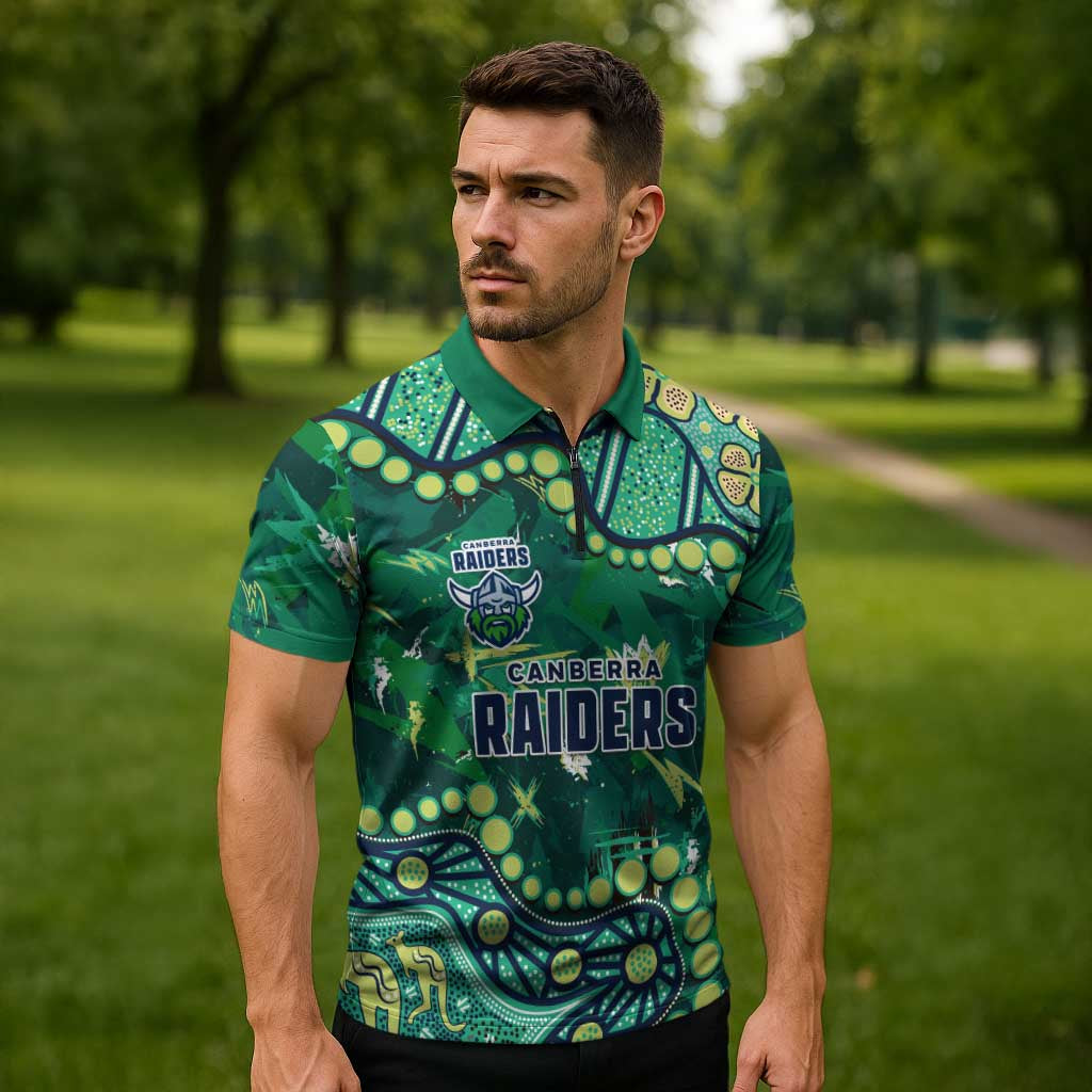 Personalized Canberra Raiders Zipper Polo Shirt Aboriginal Pattern with Graffiti Style Design