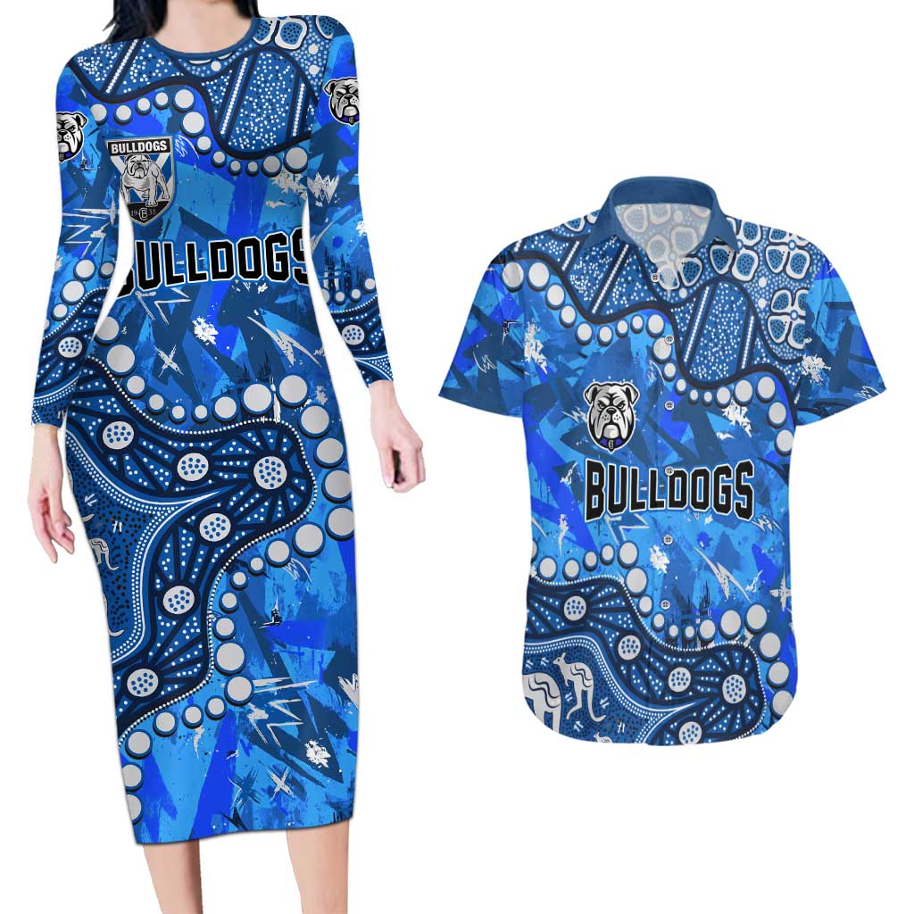 Personalized Canterbury-Bankstown Bulldogs Couples Matching Long Sleeve Bodycon Dress and Hawaiian Shirt Aboriginal Pattern with Graffiti Style Design