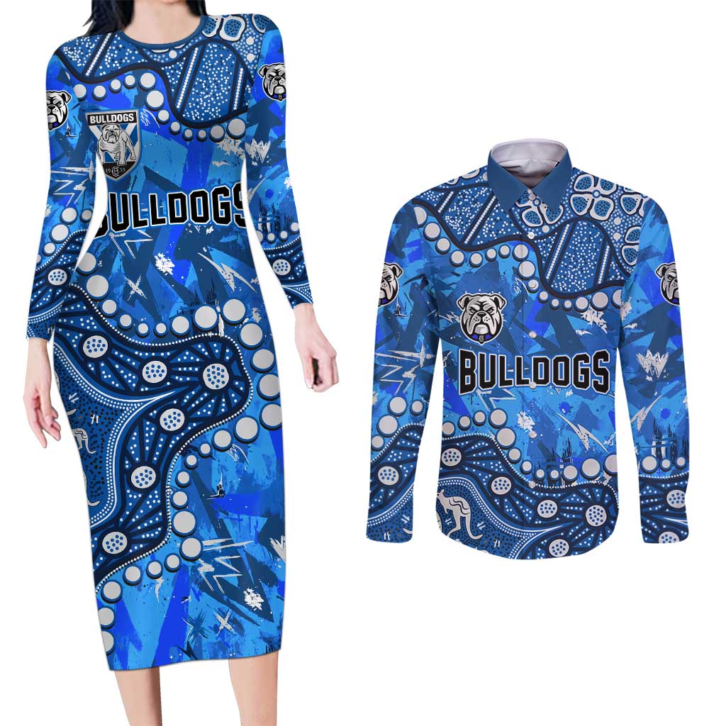 Personalized Canterbury-Bankstown Bulldogs Couples Matching Long Sleeve Bodycon Dress and Long Sleeve Button Shirt Aboriginal Pattern with Graffiti Style Design