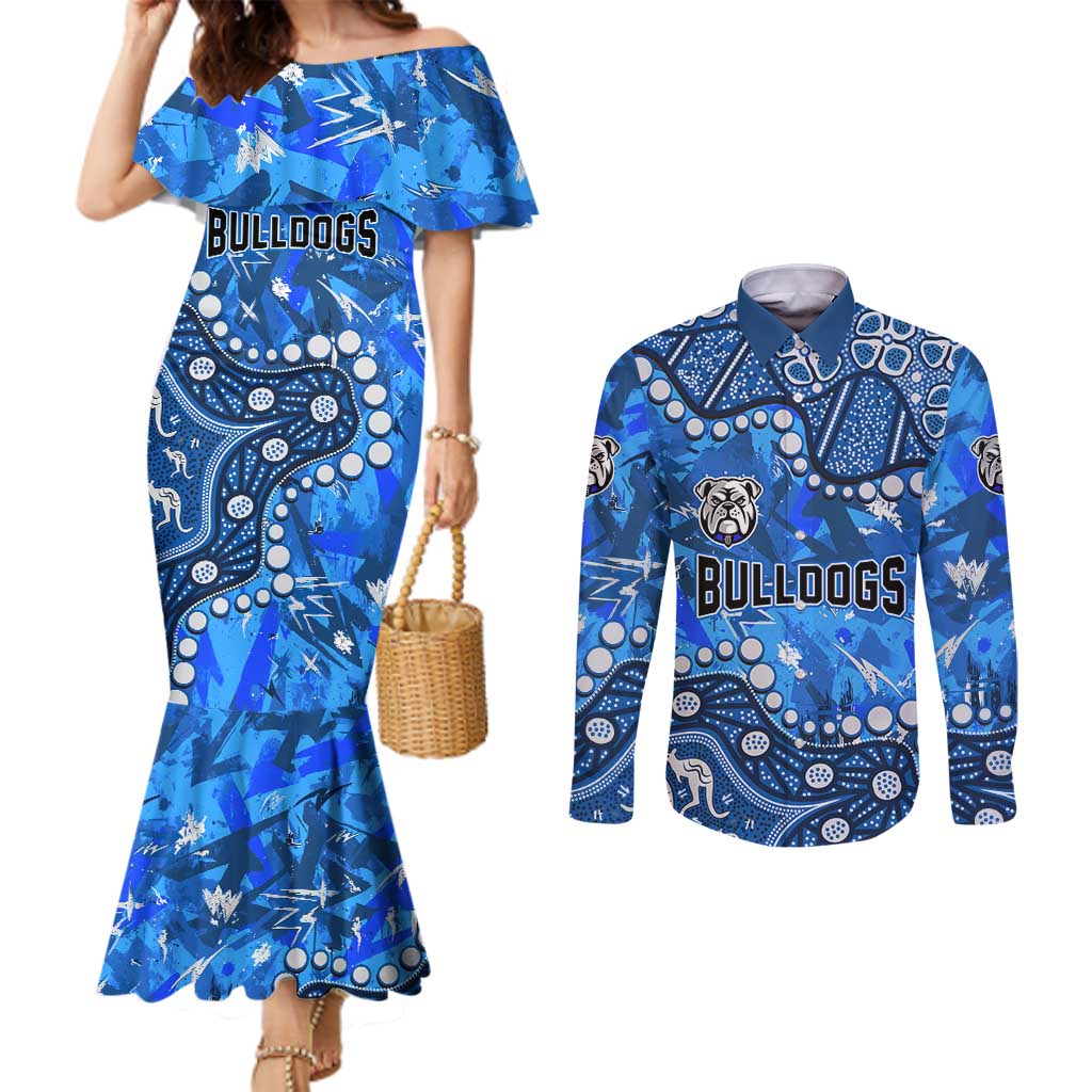 Personalized Canterbury-Bankstown Bulldogs Couples Matching Mermaid Dress and Long Sleeve Button Shirt Aboriginal Pattern with Graffiti Style Design