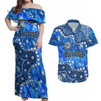 Personalized Canterbury-Bankstown Bulldogs Couples Matching Off Shoulder Maxi Dress and Hawaiian Shirt Aboriginal Pattern with Graffiti Style Design