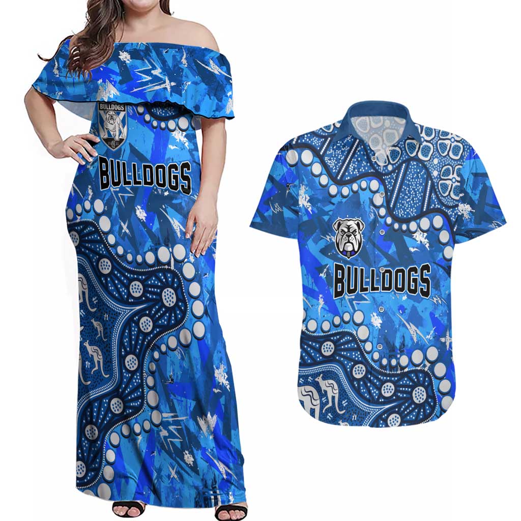 Personalized Canterbury-Bankstown Bulldogs Couples Matching Off Shoulder Maxi Dress and Hawaiian Shirt Aboriginal Pattern with Graffiti Style Design