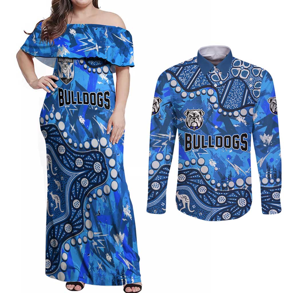 Personalized Canterbury-Bankstown Bulldogs Couples Matching Off Shoulder Maxi Dress and Long Sleeve Button Shirt Aboriginal Pattern with Graffiti Style Design