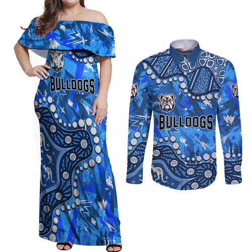 Personalized Canterbury-Bankstown Bulldogs Couples Matching Off Shoulder Maxi Dress and Long Sleeve Button Shirt Aboriginal Pattern with Graffiti Style Design