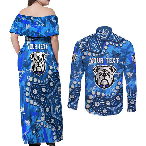 Personalized Canterbury-Bankstown Bulldogs Couples Matching Off Shoulder Maxi Dress and Long Sleeve Button Shirt Aboriginal Pattern with Graffiti Style Design