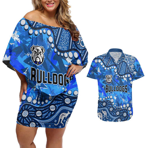 Personalized Canterbury-Bankstown Bulldogs Couples Matching Off Shoulder Short Dress and Hawaiian Shirt Aboriginal Pattern with Graffiti Style Design