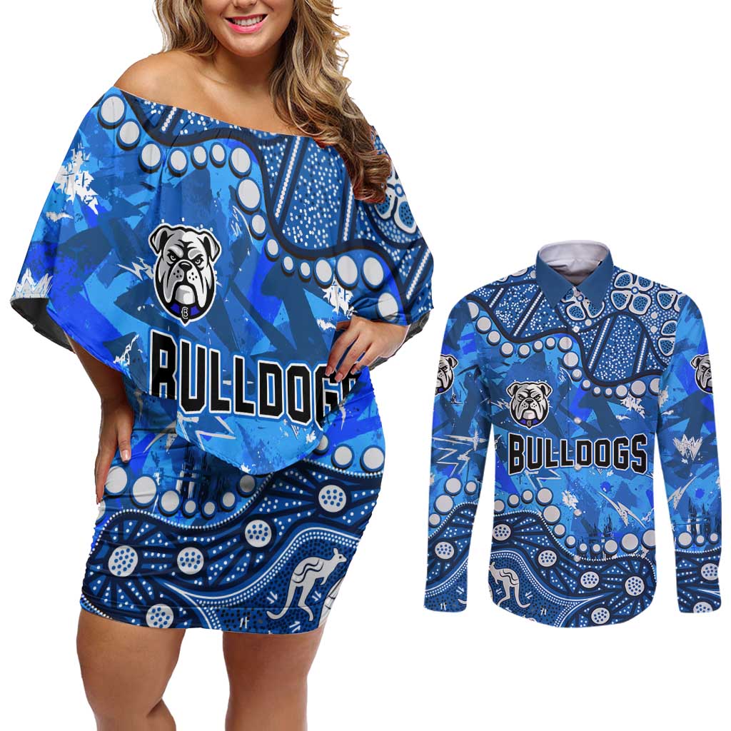 Personalized Canterbury-Bankstown Bulldogs Couples Matching Off Shoulder Short Dress and Long Sleeve Button Shirt Aboriginal Pattern with Graffiti Style Design