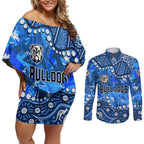 Personalized Canterbury-Bankstown Bulldogs Couples Matching Off Shoulder Short Dress and Long Sleeve Button Shirt Aboriginal Pattern with Graffiti Style Design