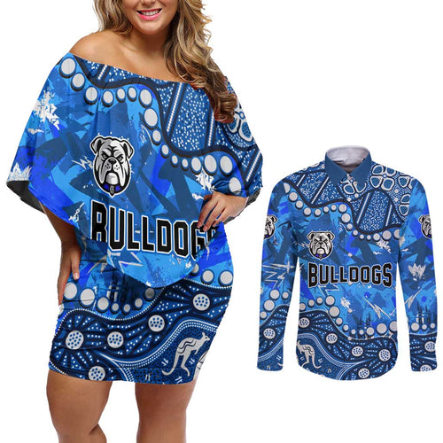 Personalized Canterbury-Bankstown Bulldogs Couples Matching Off Shoulder Short Dress and Long Sleeve Button Shirt Aboriginal Pattern with Graffiti Style Design