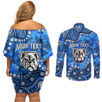 Personalized Canterbury-Bankstown Bulldogs Couples Matching Off Shoulder Short Dress and Long Sleeve Button Shirt Aboriginal Pattern with Graffiti Style Design