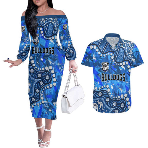 Personalized Canterbury-Bankstown Bulldogs Couples Matching Off The Shoulder Long Sleeve Dress and Hawaiian Shirt Aboriginal Pattern with Graffiti Style Design