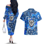 Personalized Canterbury-Bankstown Bulldogs Couples Matching Off The Shoulder Long Sleeve Dress and Hawaiian Shirt Aboriginal Pattern with Graffiti Style Design