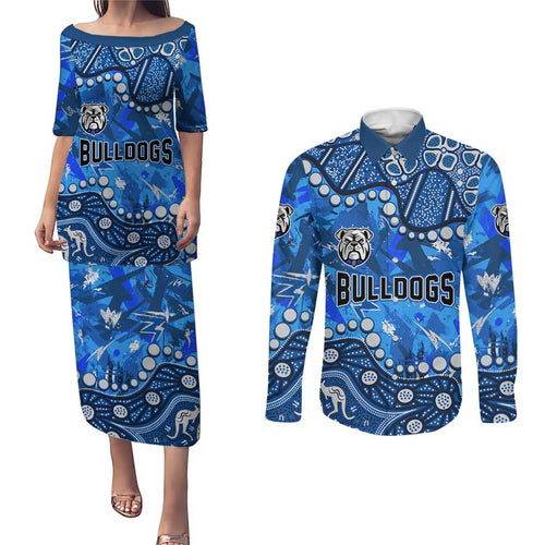 Personalized Canterbury-Bankstown Bulldogs Couples Matching Puletasi and Long Sleeve Button Shirt Aboriginal Pattern with Graffiti Style Design
