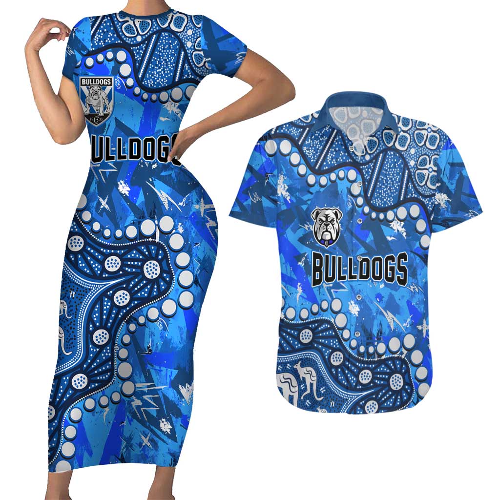 Personalized Canterbury-Bankstown Bulldogs Couples Matching Short Sleeve Bodycon Dress and Hawaiian Shirt Aboriginal Pattern with Graffiti Style Design