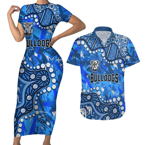 Personalized Canterbury-Bankstown Bulldogs Couples Matching Short Sleeve Bodycon Dress and Hawaiian Shirt Aboriginal Pattern with Graffiti Style Design