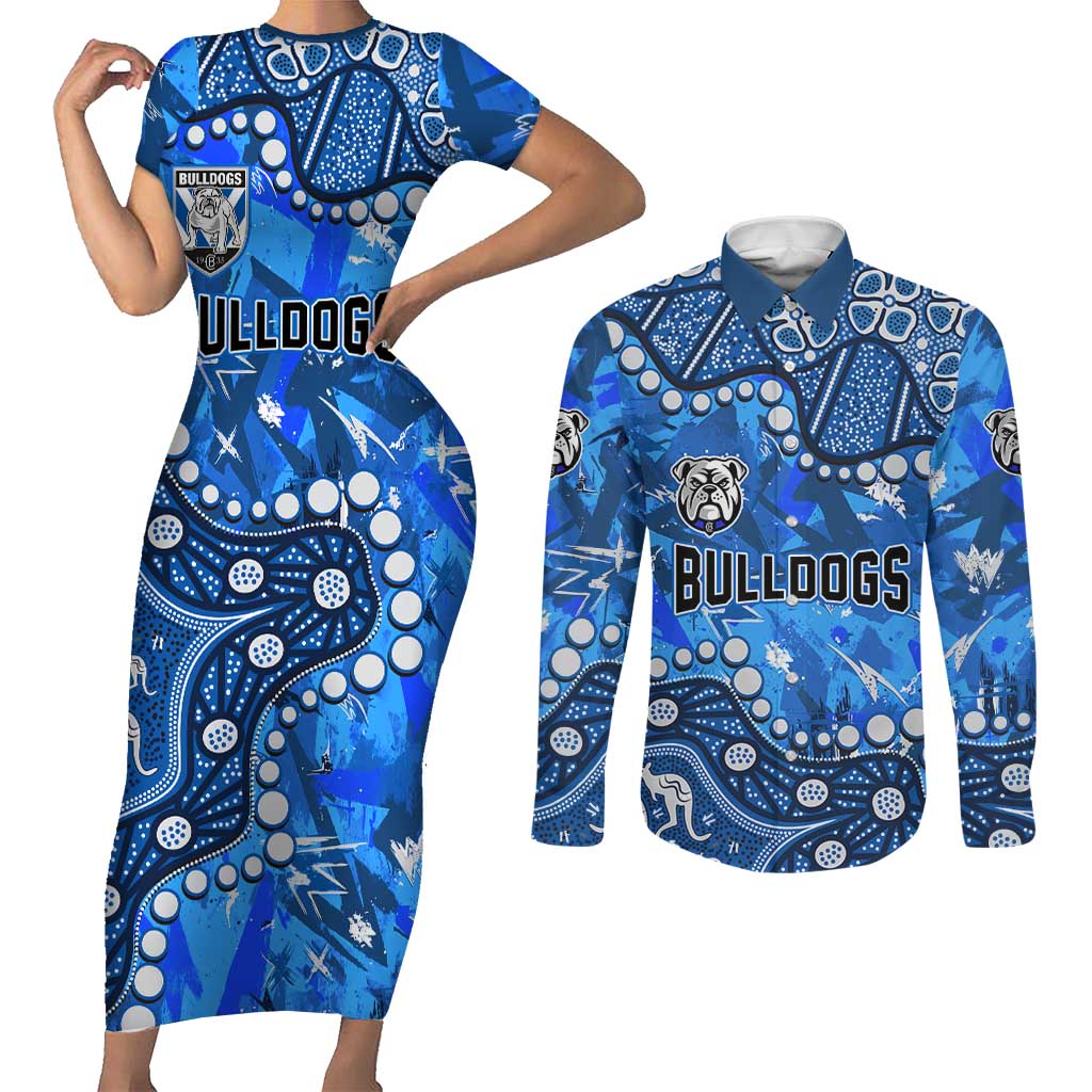 Personalized Canterbury-Bankstown Bulldogs Couples Matching Short Sleeve Bodycon Dress and Long Sleeve Button Shirt Aboriginal Pattern with Graffiti Style Design