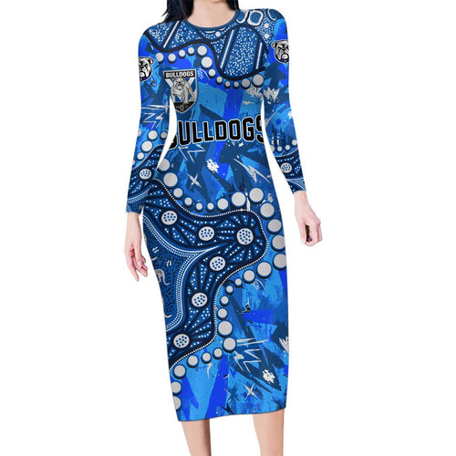 Personalized Canterbury-Bankstown Bulldogs Family Matching Long Sleeve Bodycon Dress and Hawaiian Shirt Aboriginal Pattern with Graffiti Style Design
