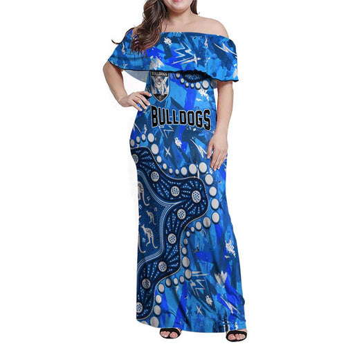 Personalized Canterbury-Bankstown Bulldogs Family Matching Off Shoulder Maxi Dress and Hawaiian Shirt Aboriginal Pattern with Graffiti Style Design