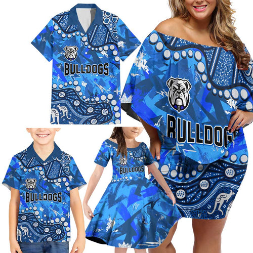 Personalized Canterbury-Bankstown Bulldogs Family Matching Off Shoulder Short Dress and Hawaiian Shirt Aboriginal Pattern with Graffiti Style Design