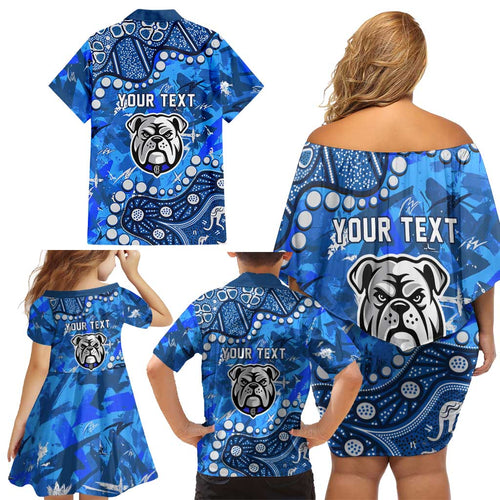 Personalized Canterbury-Bankstown Bulldogs Family Matching Off Shoulder Short Dress and Hawaiian Shirt Aboriginal Pattern with Graffiti Style Design